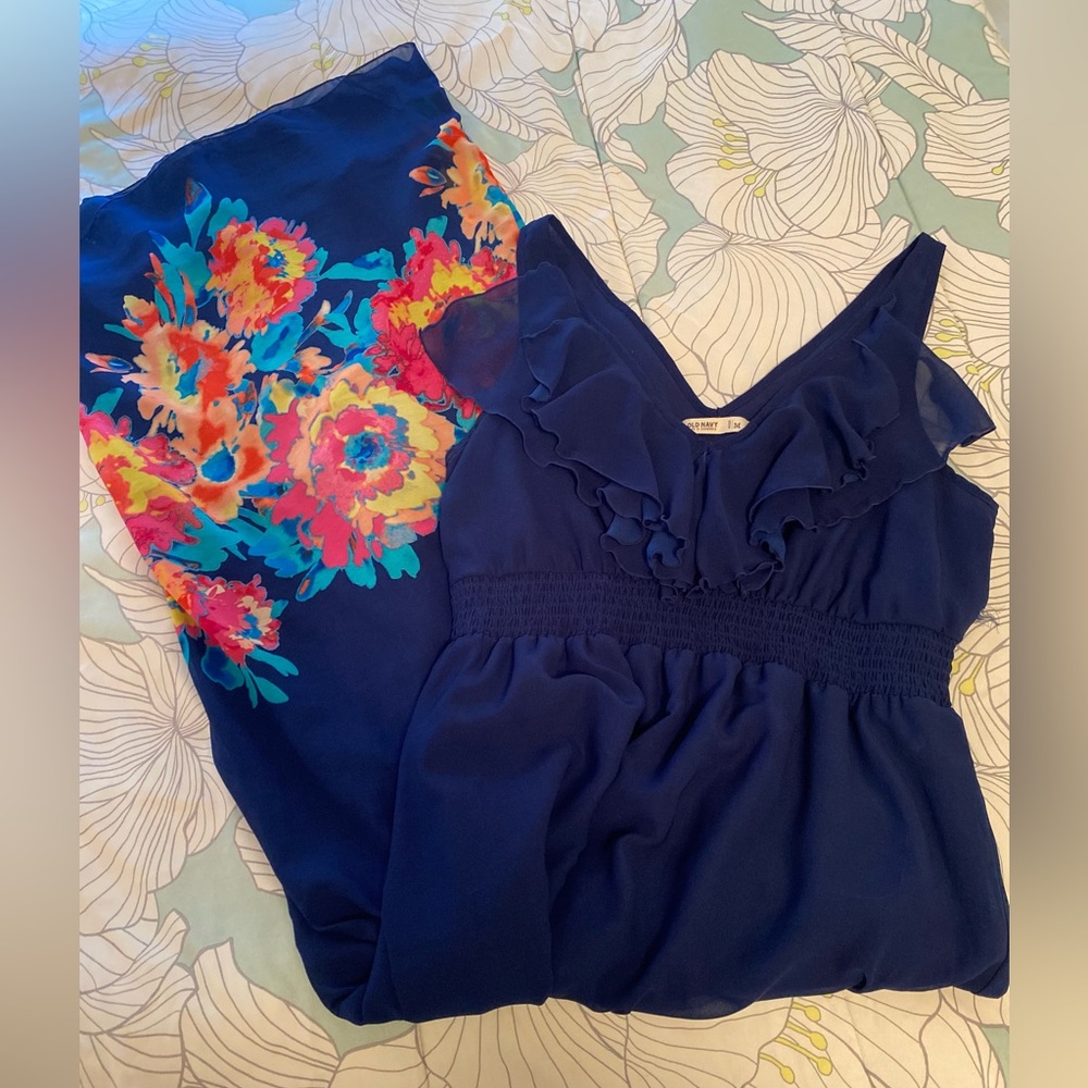 Navy blue and floral print flowy maxi dress